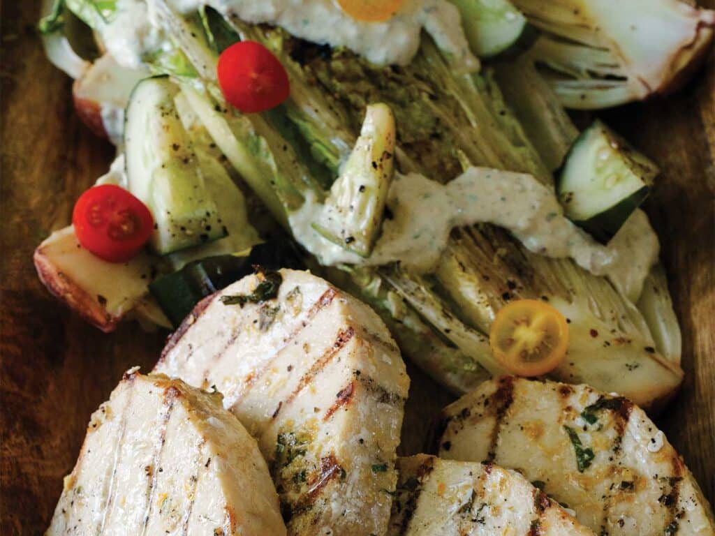 Citrus Herb Grilled Swordfish with Roasted Preserved Lemon and Shallot Buttermilk Ranch Salad