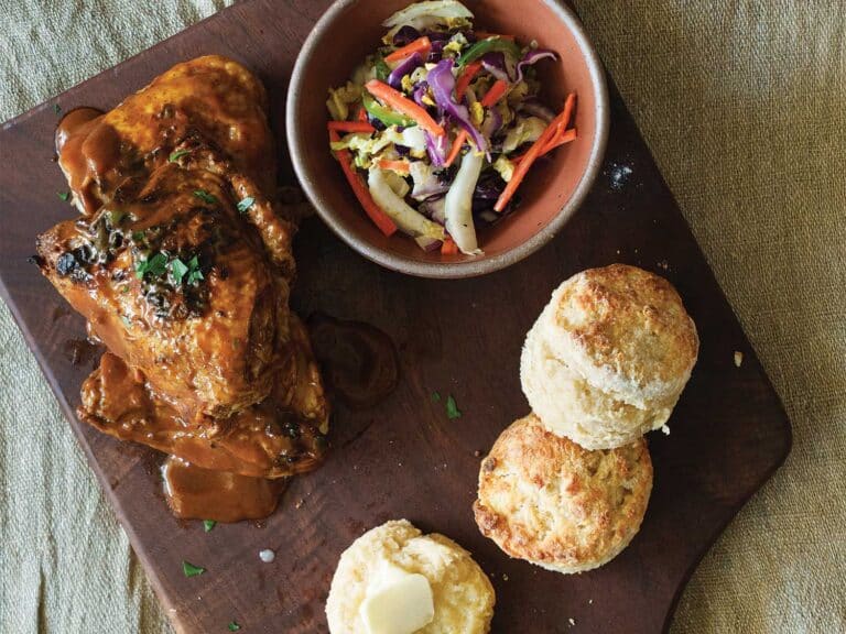 Grilled Barbecue Chicken with Charleston Slaw and Fire-Baked Buttermilk Biscuits