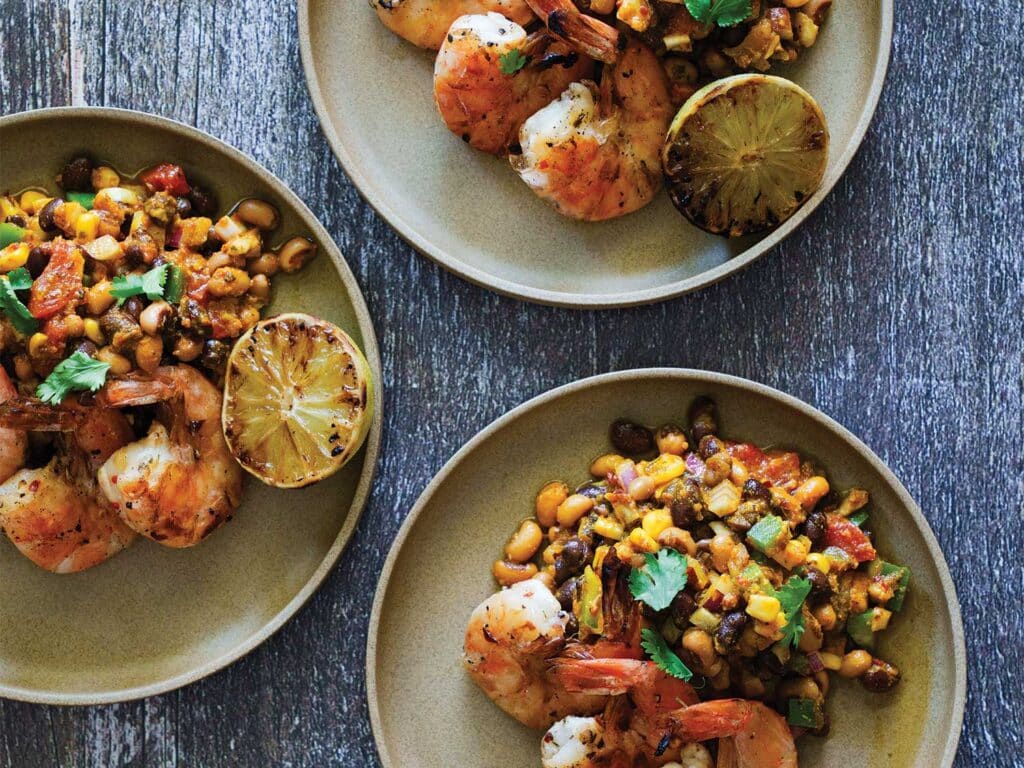 Jalapeño-Honey Grilled Shrimp with Fire-Roasted Chipotle Cowboy Caviar