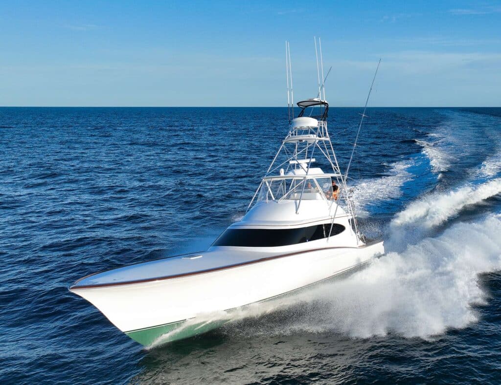 A sport-fishing boat on the water.