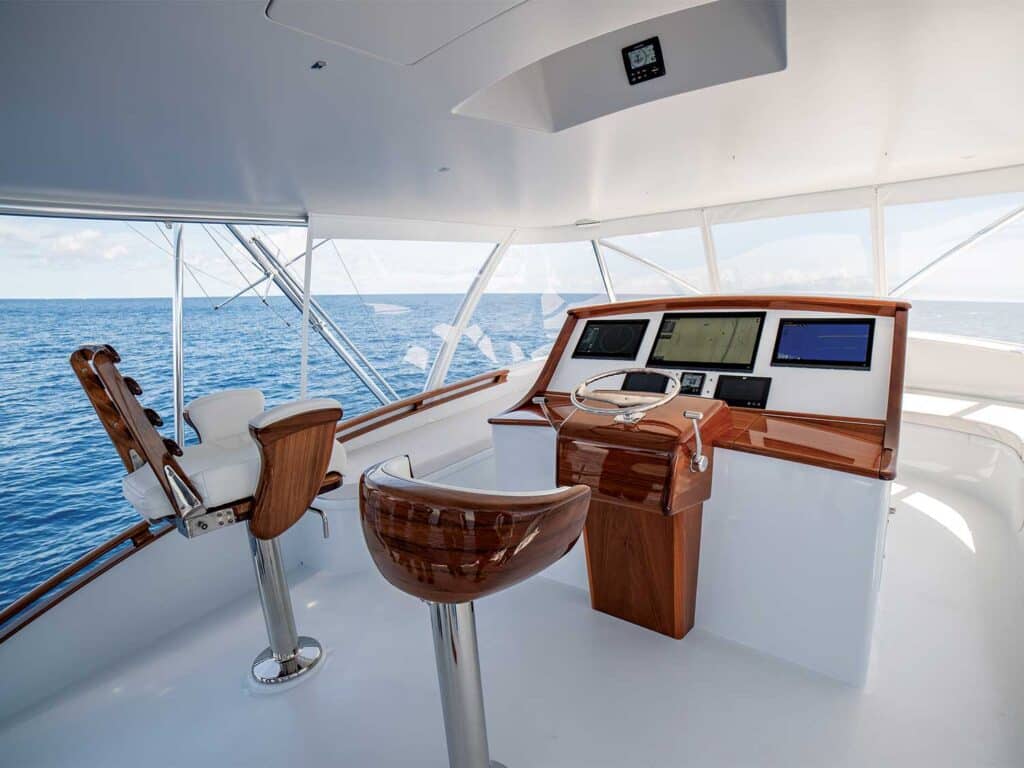 The bridge of the Rybovich 70 sport-fishing boat.
