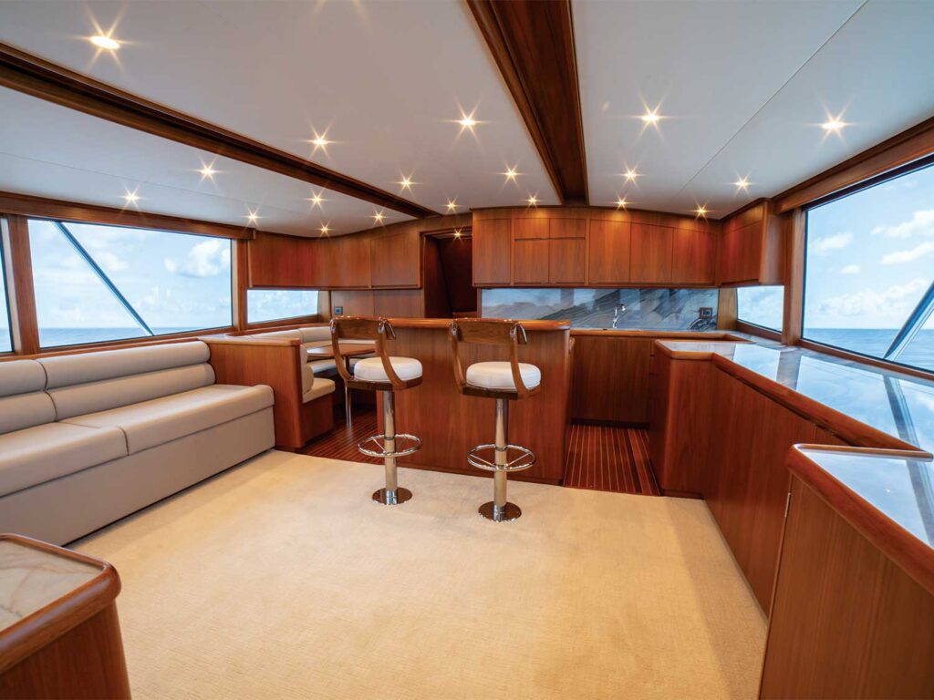 Salon and galley of the Rybovich 70 sport-fishing boat.