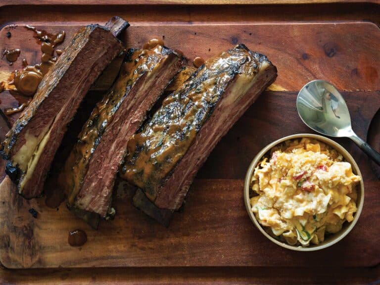 Smoked Barbecue Beef Ribs with Smoky Pimento Mac and Cheese