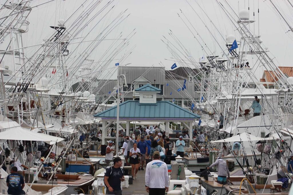 A view of boats backed into the dock at a sport-fishing tournament.
