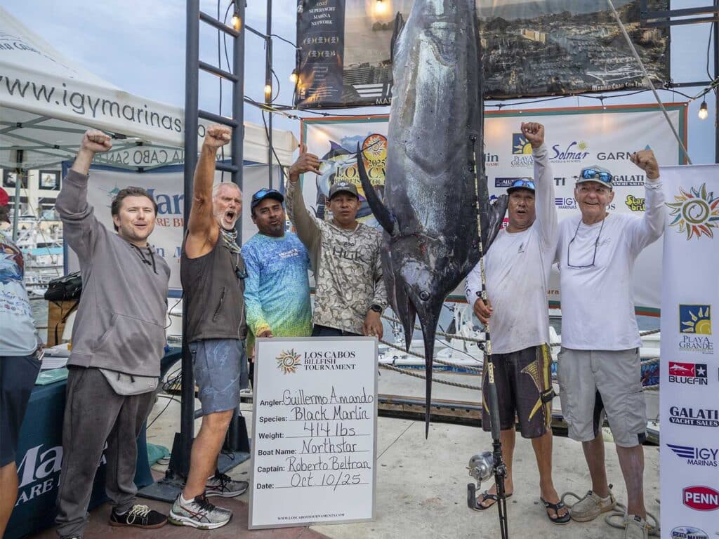 A team of anglers next to a large marlin being weighed.