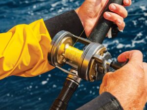 Close up of a fishing reel with braided line.