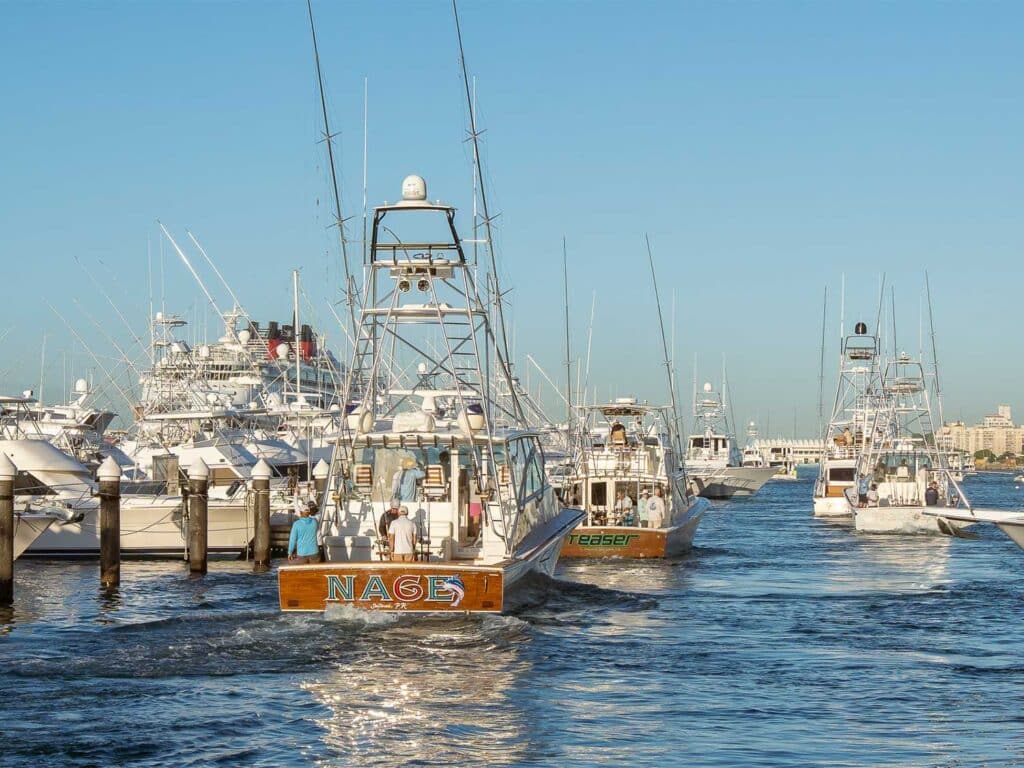 A fleet of sport-fishing boats on the water at the 2025 San Juan International Billfish Tournament.