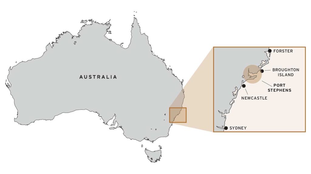 A digital rendering of Australia with a zoomed in portion on Port Stephens coastline.