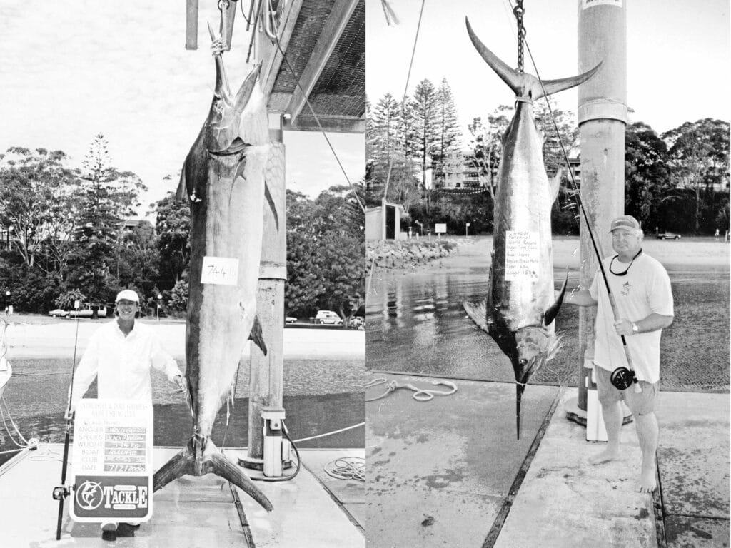 Two black and white images of anglers showing off record catches.