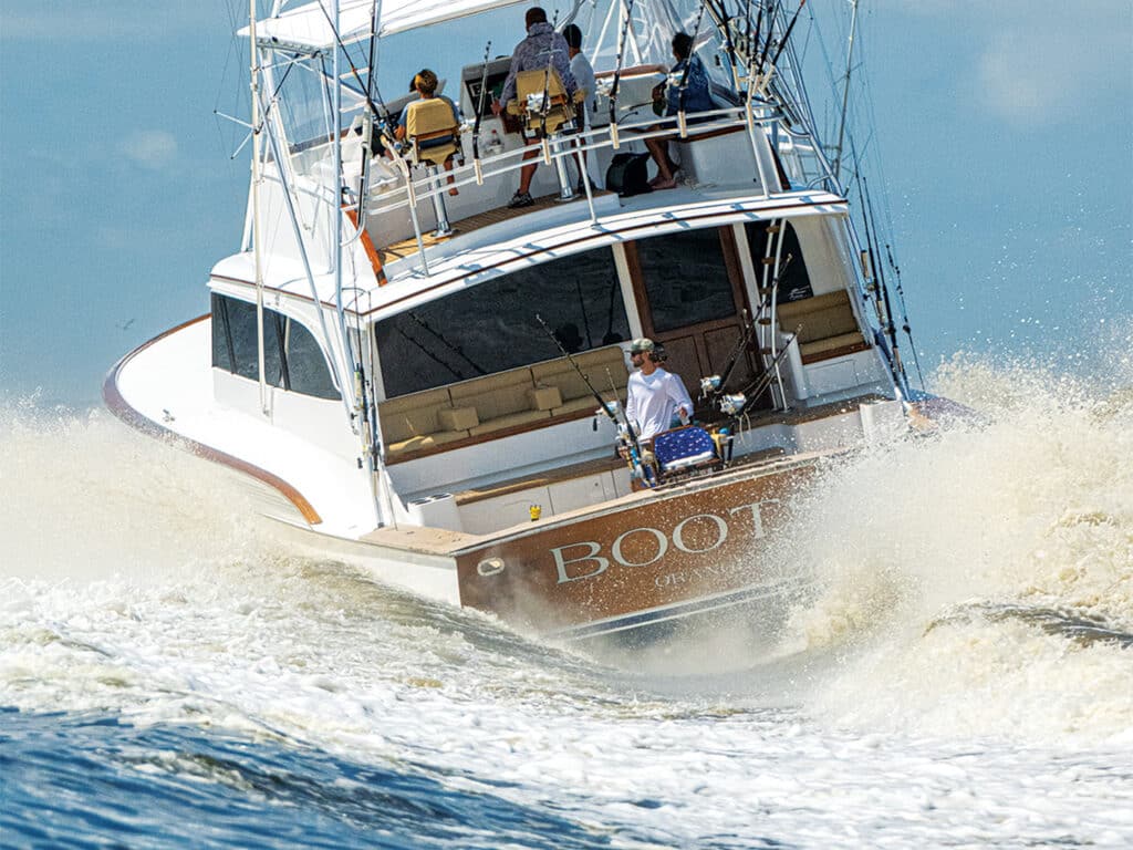 A sport-fishing boat on the water.