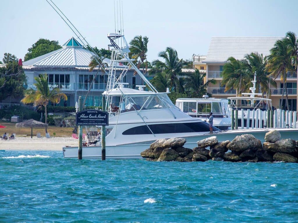 A sport-fishing boat docked in The Bahamas.