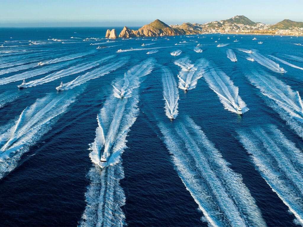 A fleet of sport-fishing boats setting out for a day of fishing.
