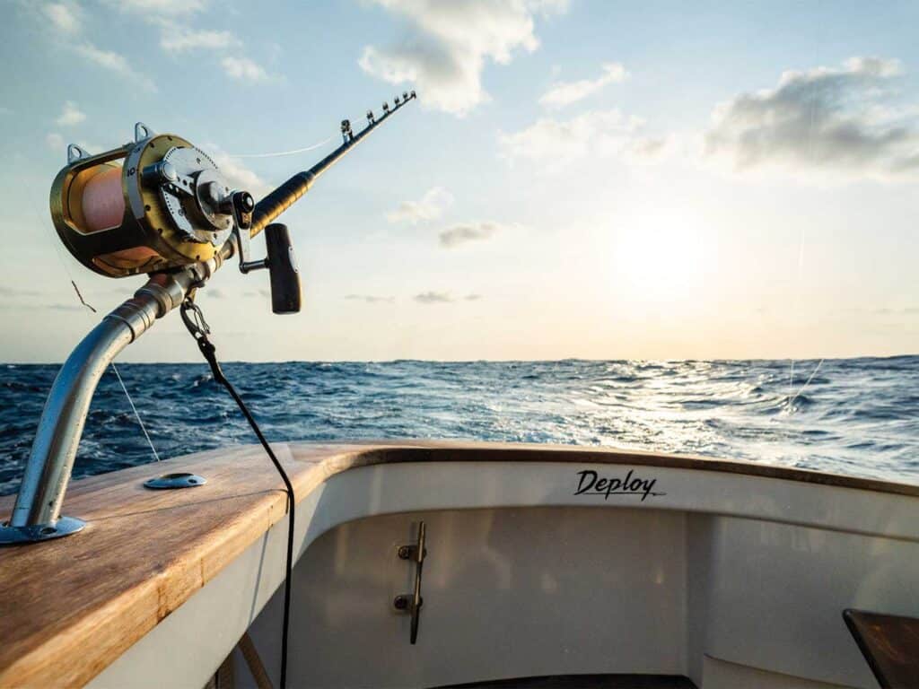 Tackle in the cockpit of a sport-fishing boat.