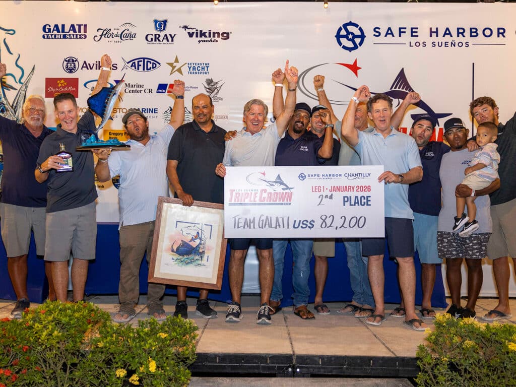 Team Galati at the 2026 Los Suenos Signature Triple Crown Awards ceremony. They hold up an oversized check.