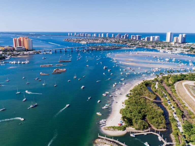 Aerial view of a coastal town.