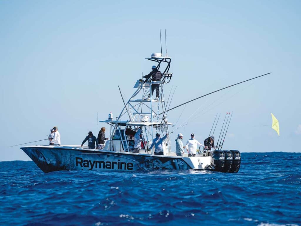 A Raymarine sport-fishing boat on the water.