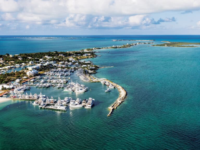 Aerial view of Skip's Tournament Docks at the Abaco Beach Resort