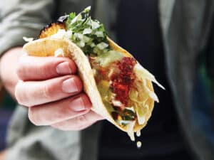 A swordfish al pastor taco.