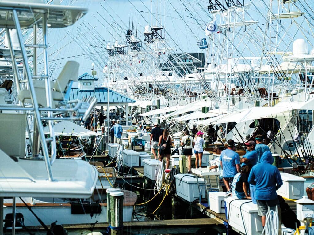 A crowd on the docks of the White Marlin Open.