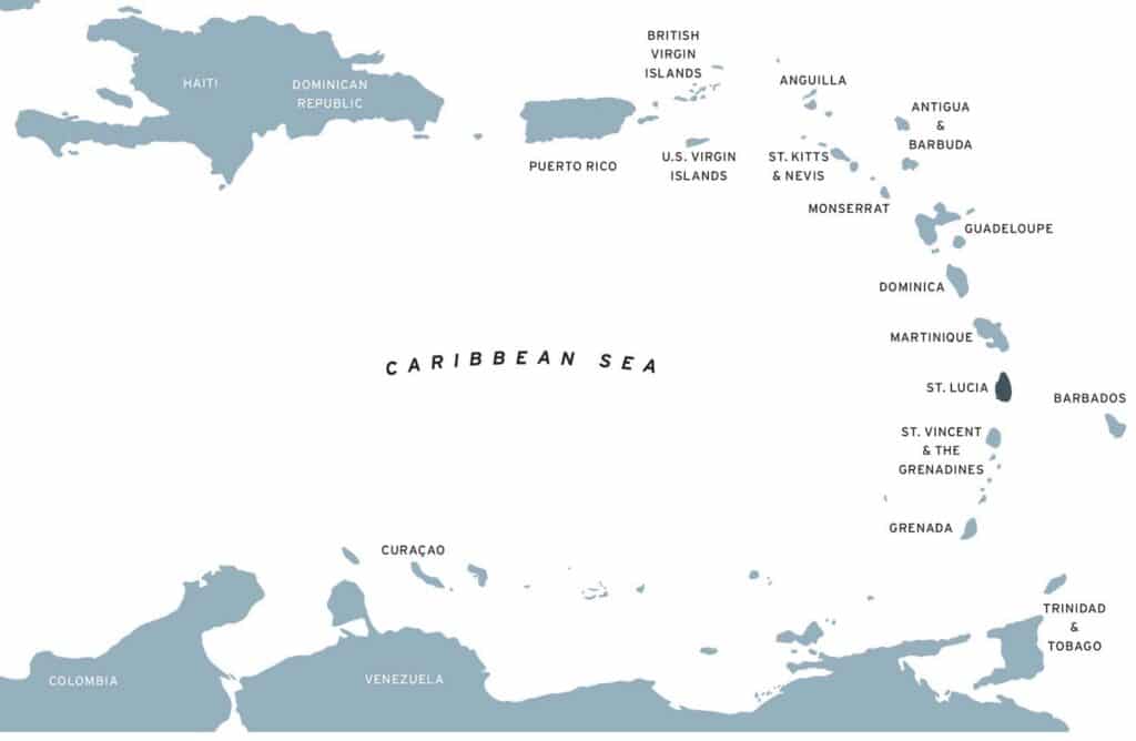 Map of Caribbean featuring St. Lucia.