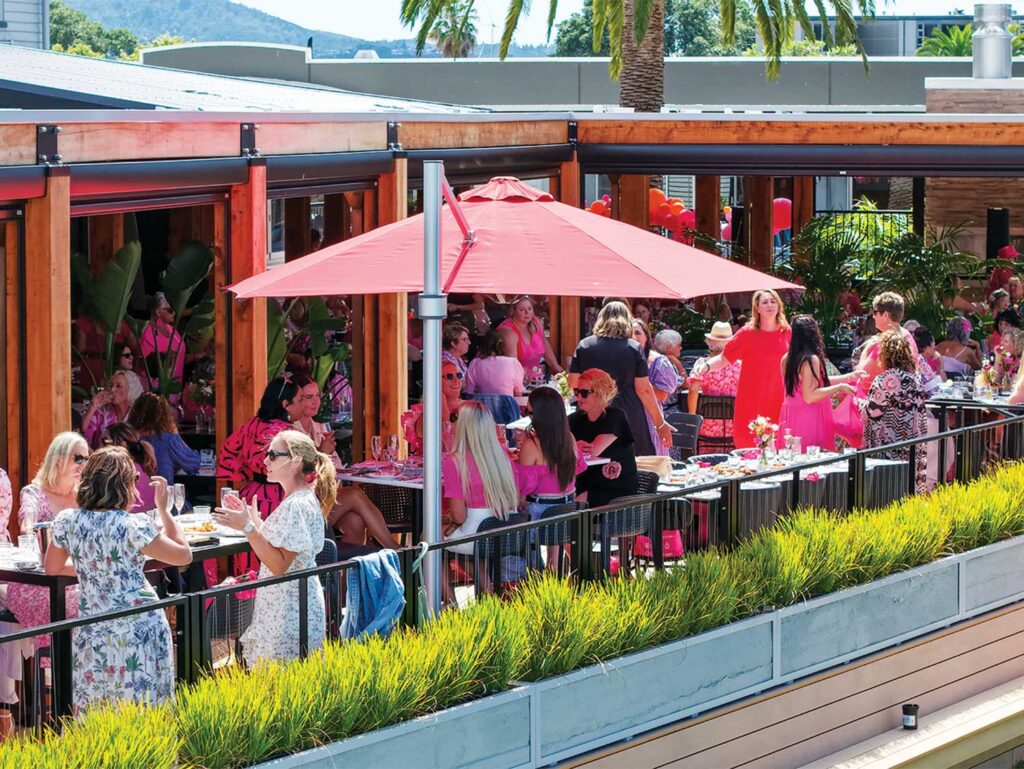 Families crowded around eating.