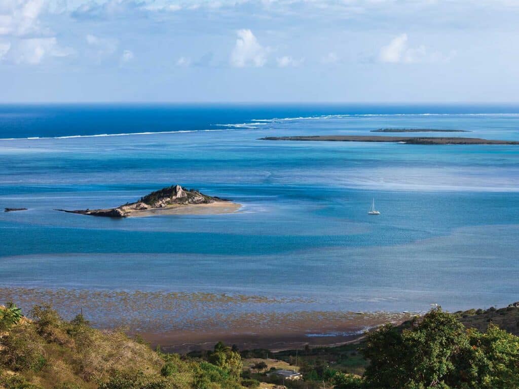 Aerial view of Mauritius shoreline.
