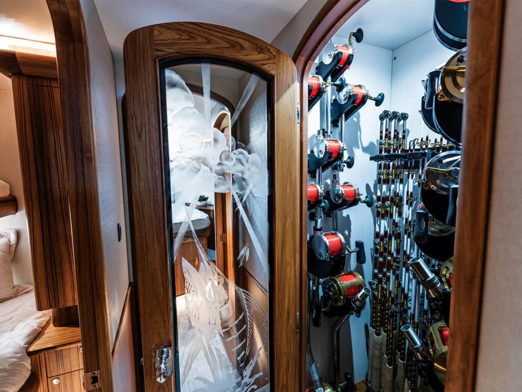 Tackle storage in a sport-fishing boat.