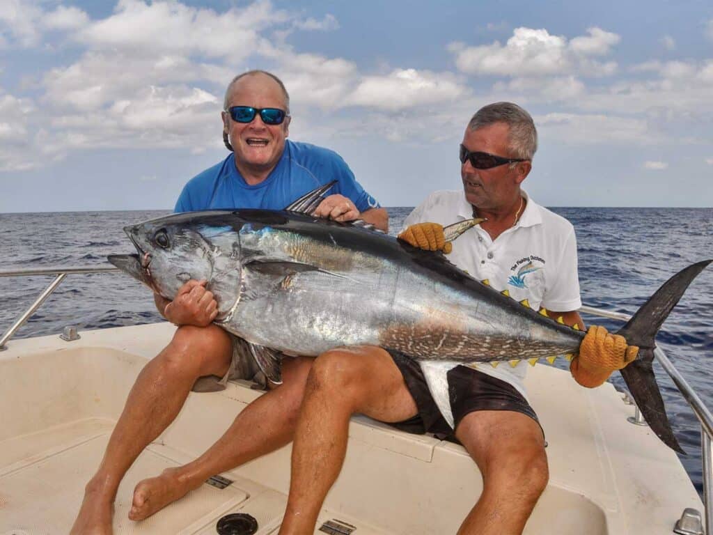 Two anglers holding Atlantic bluefin tuna