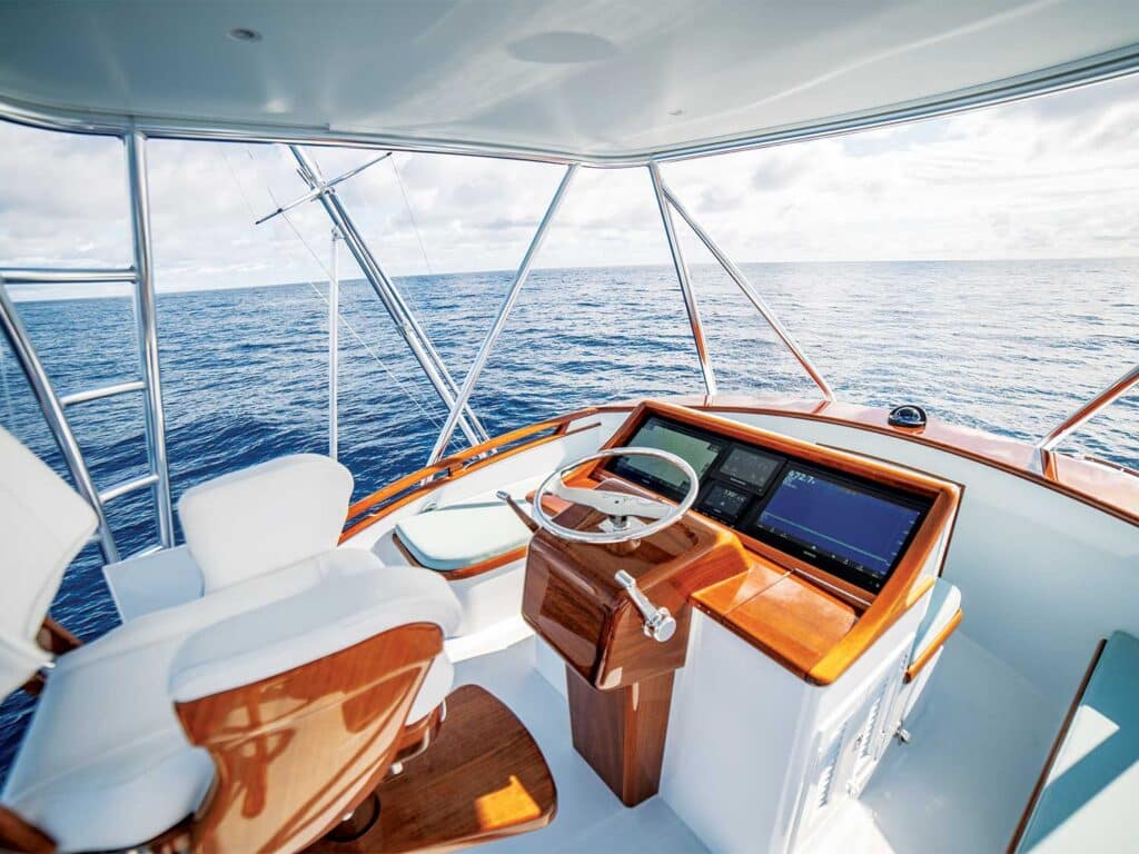 Helm deck of the Rybovich 42 sport-fishing boat.