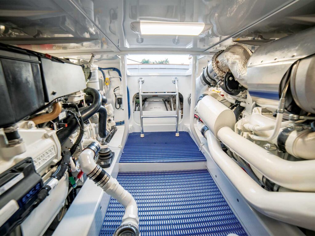 The engine room of the Rybovich 42 sport-fishing boat.