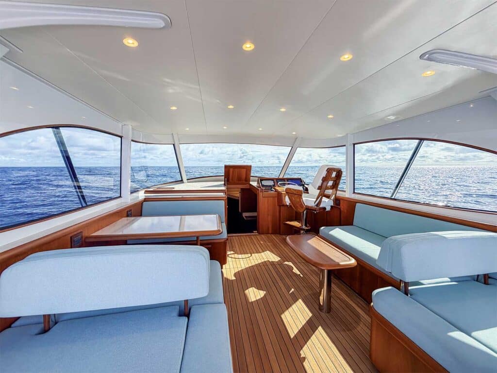 Additional seating on the helm deck of the Rybovich 42 sport-fishing boat.