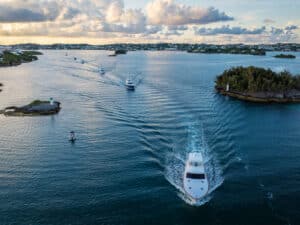 Aerial view of a sport-fishing boat fleet at a tournament.