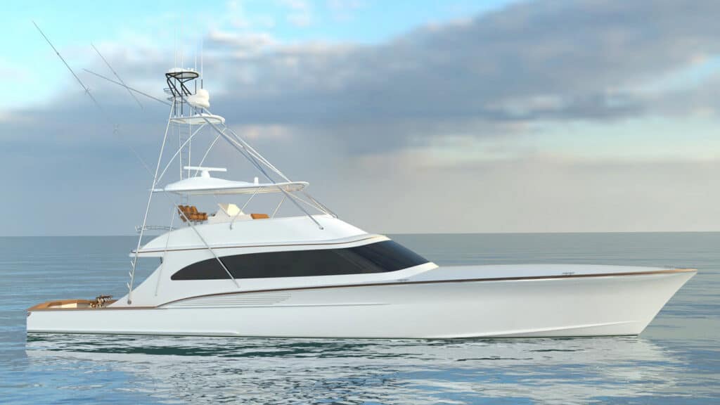 Digital rendering of a Jarrett Bay sport-fishing boat on the water.