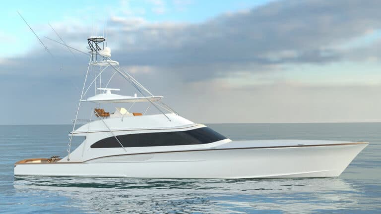 Digital rendering of a Jarrett Bay sport-fishing boat on the water.