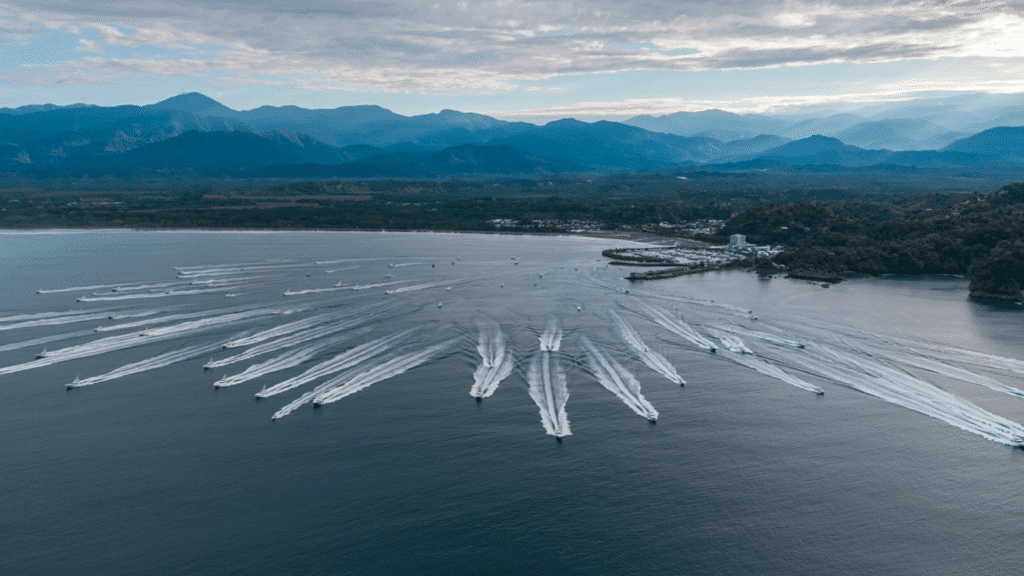 Aerial view of the sport-fishing fleet of the 2026 Bisbee's Costa Offshore leaving Marina Pez Vela