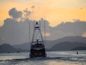 A sport-fishing boat on the water.