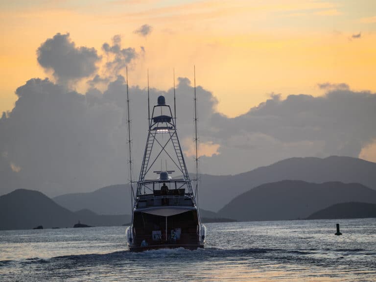 A sport-fishing boat on the water.