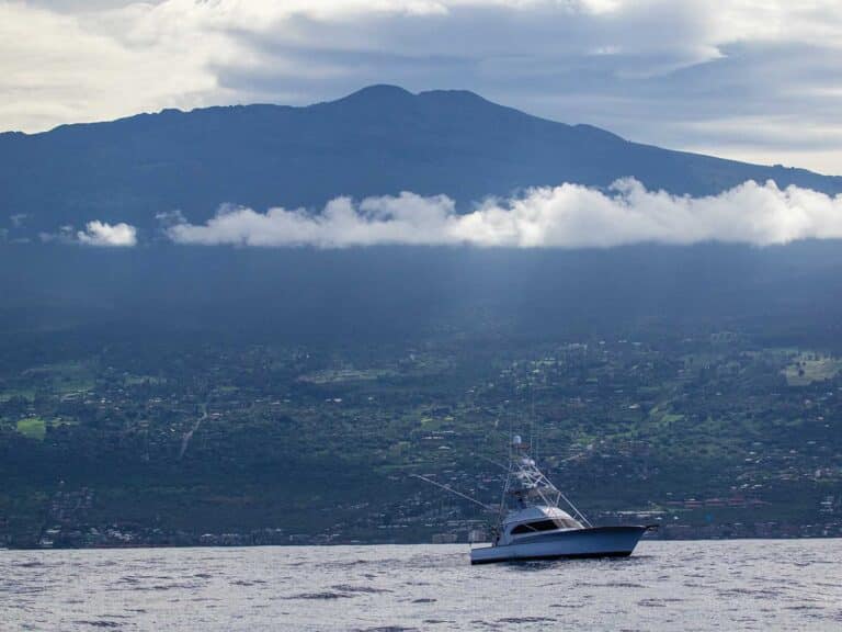 A sport-fishing boat cruises past Hawaii's coastline.