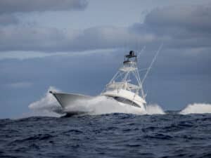 A sport-fishing boat on the water.