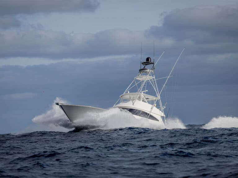 A sport-fishing boat on the water.