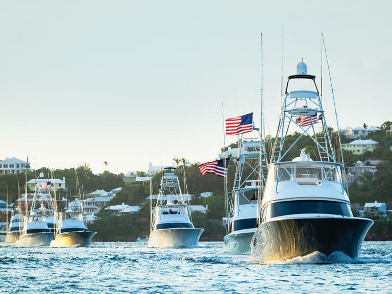 Sport-fishing boats cruising through the water and fly American flags from their riggings.