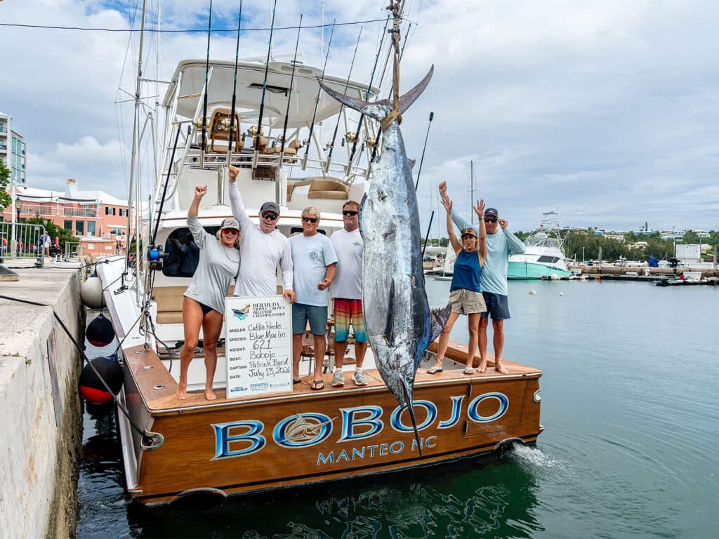 Team Bobojo with a large blue marlin