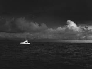 Sport-fishing boat on the water.