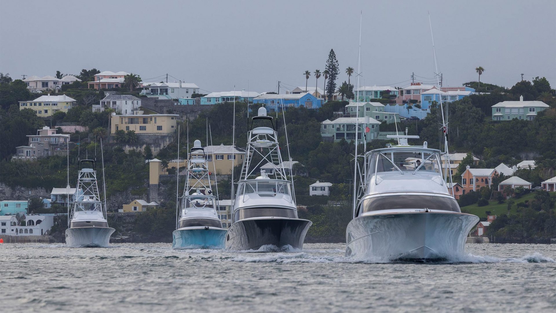 A fleet of sport-fishing boats on the water.